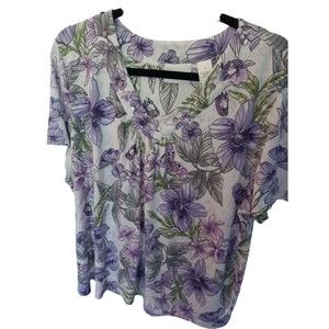 Alfred Dunner Large Purple Floral Printed Stretchy Top - Short Sleeved